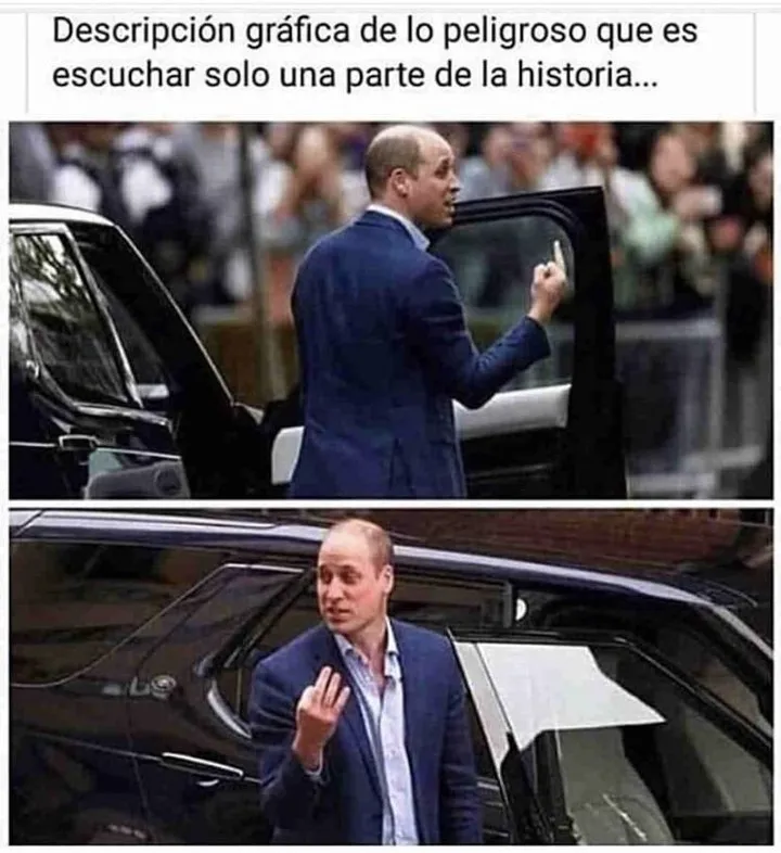 Hay dos fotos de un hombre en traje azul saliendo de un auto. En la primera foto, el hombre está levantando su dedo medio. En la segunda foto, el hombre está sonriendo y saludando con la mano.